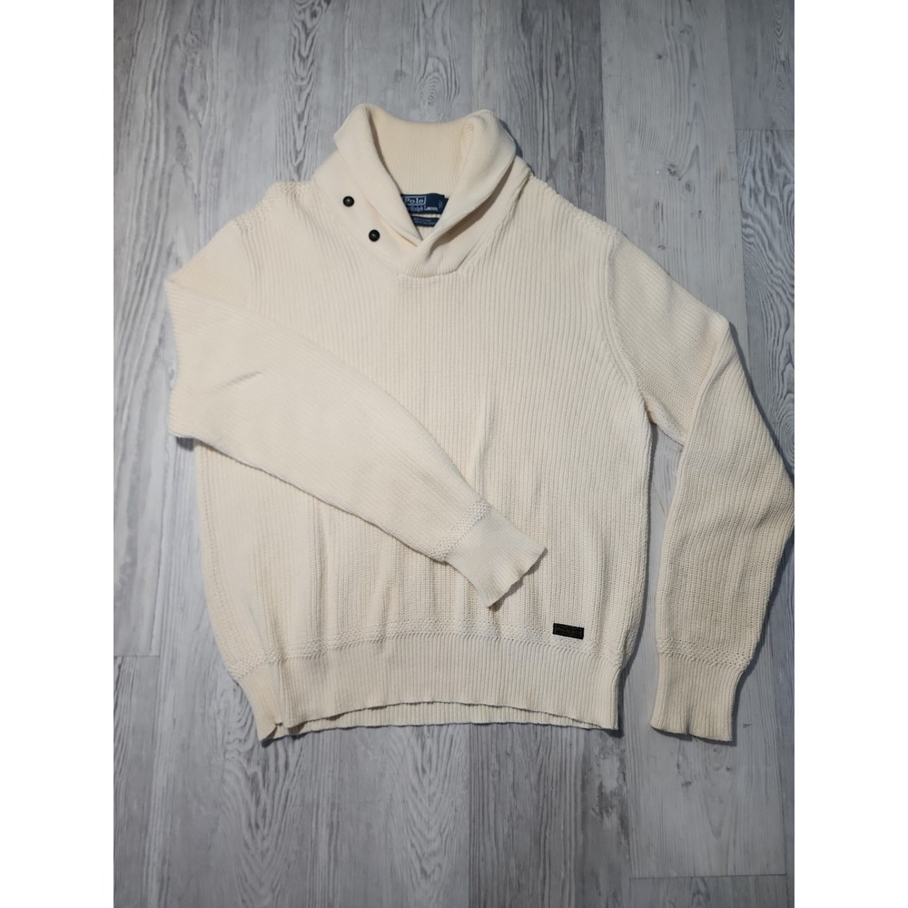 90s Polo Ralph Lauren 100% Cotton Cream Knit Shawl Collar Men's L Sweater